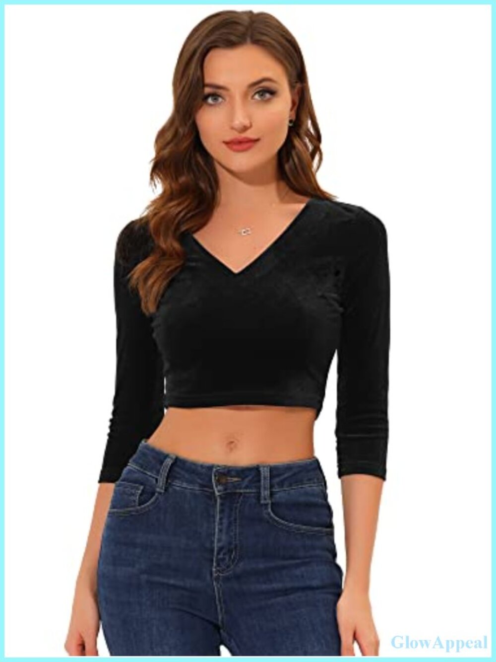 Velvet 3/4 Sleeve V Neck Cropped Top Blouse